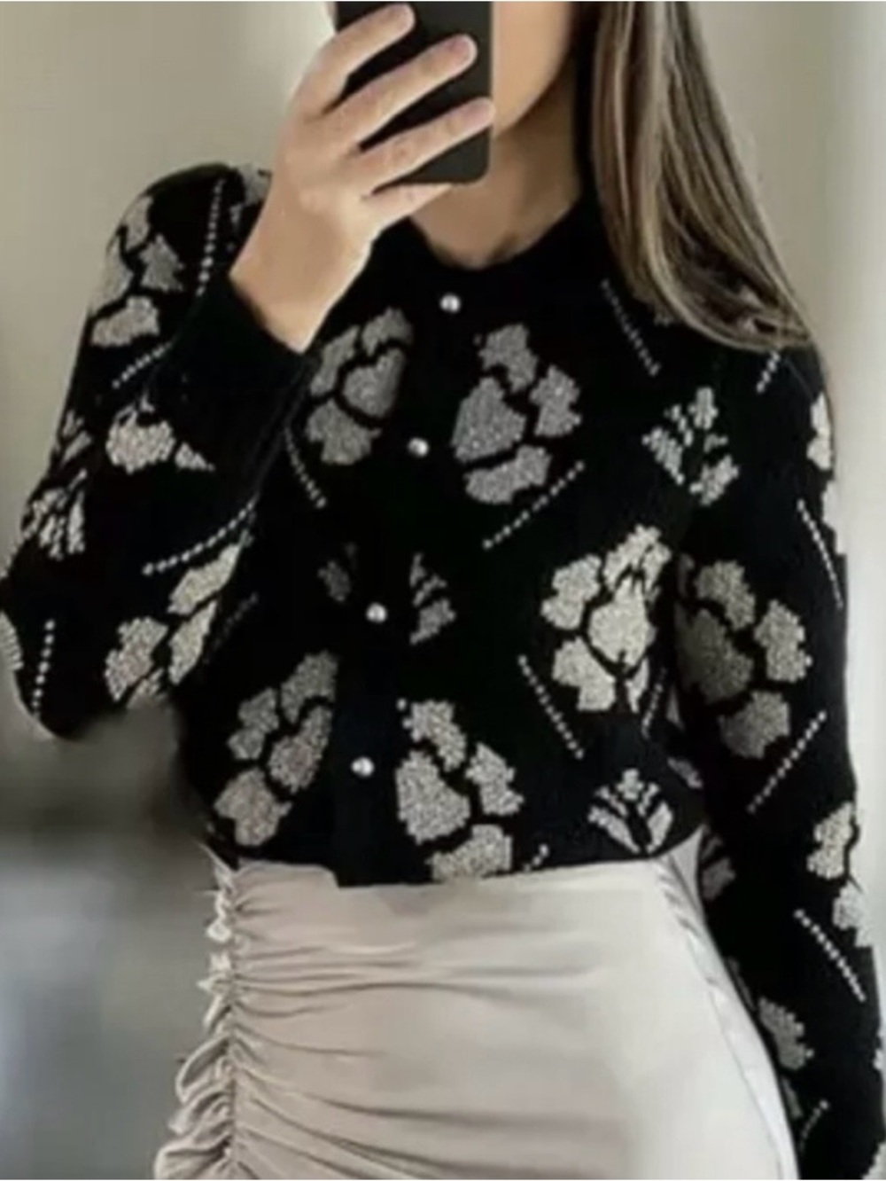 NWT💕ZARA BLACK GOLD JACQUARD CARDIGAN SWEATER, METALLIC THREAD, SIZE M